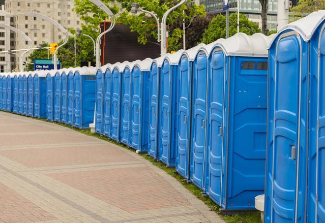 multiple portable restrooms in a neat and tidy row in Port Haywood, VA